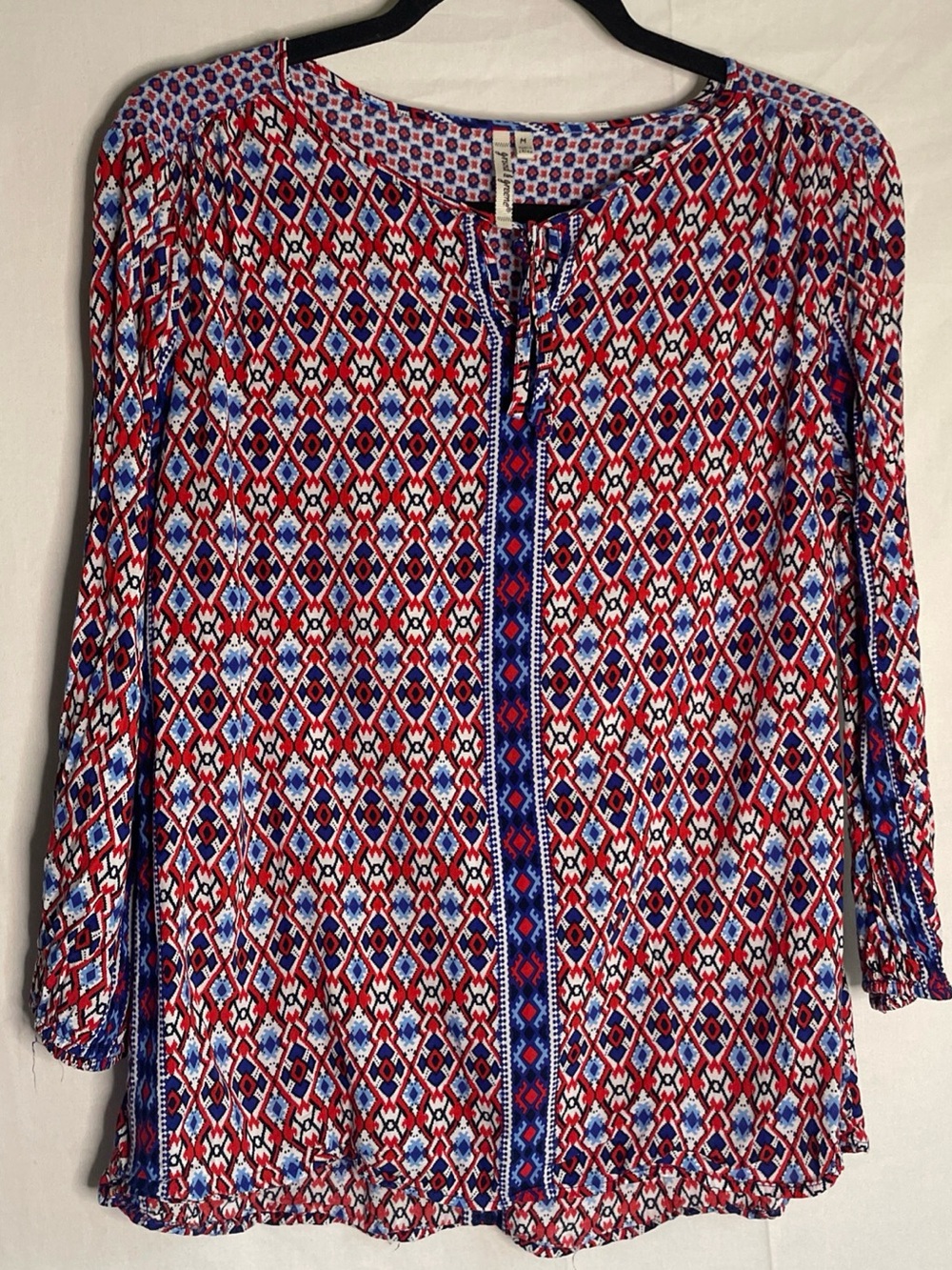 Grand & Greene Boho Peasant Blouse Geometric Print 3/4 Sleeve Size M